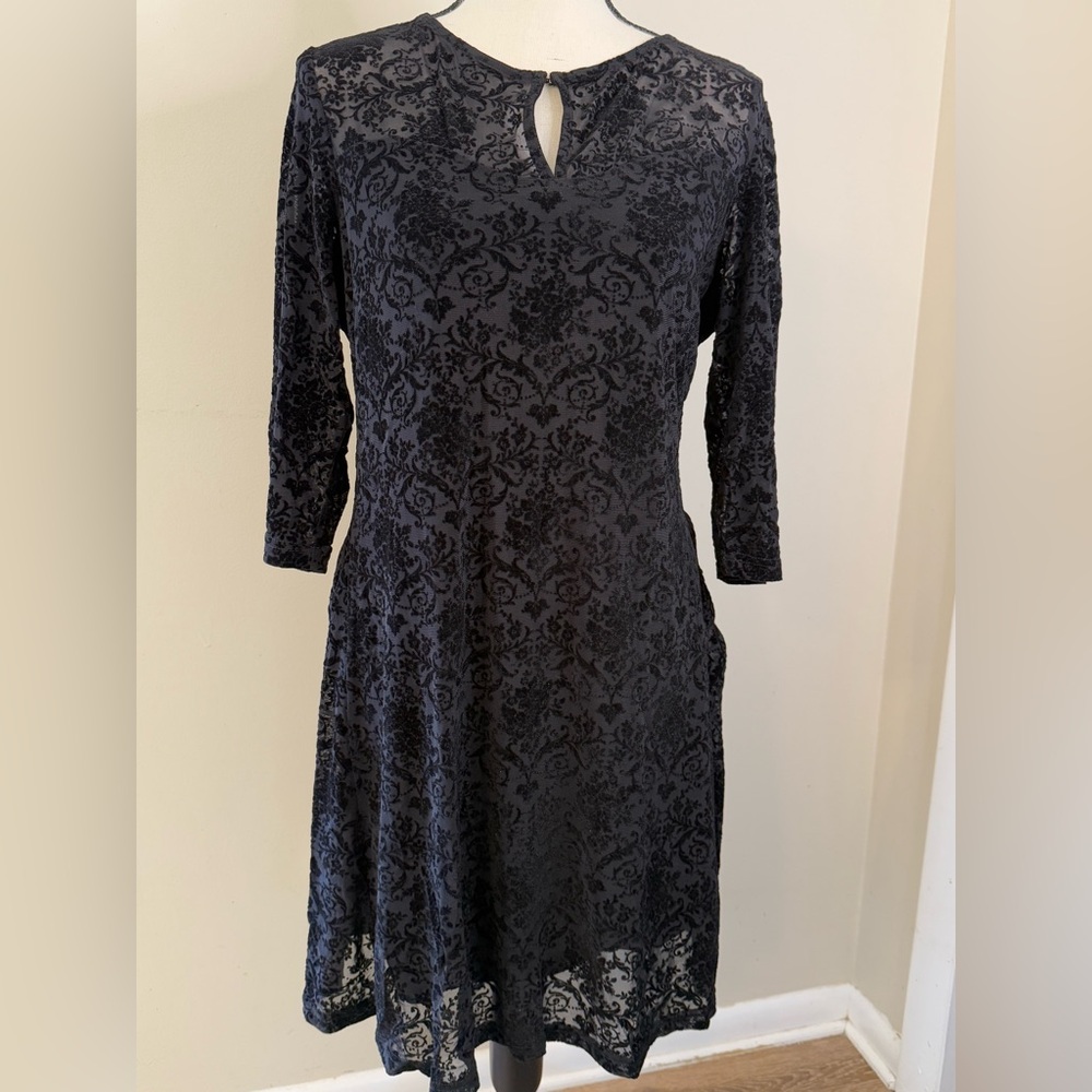 Papillon Elegant Black Lace midi Dress crop sleeve keyhole front back SZ Medium
